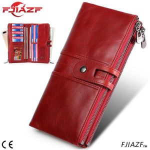 PORTEFEUILLE FJIAZF® Portefeuille en cuir de vachette vintage pour femme - Portefeuille long en cuir véritable à double fermeture éclair - Rouge