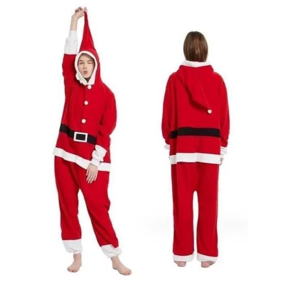 Déguisement Fêtes Manches Longues Rouge Costume De Père Noël En Flanelle Pour Adulte - Grenouillère à Capuche, Fermeture éclair, Unisexe, 5 Tailles Cosplay Noël Grenouillère