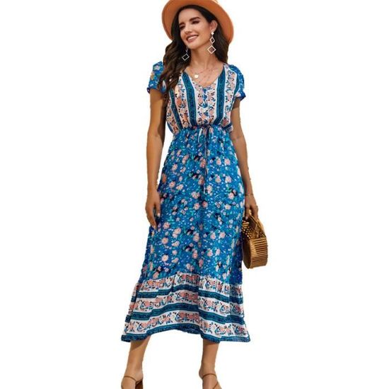 Robe Longue Femme Imprimé Floral ABYOVRT - Style Boho, Manches Courtes, Deux Poches, Tailles S-XXL