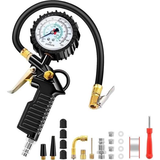 Manomètre Pression Pneu 220 PSI - Avec Poignée De Gonflage Et Dévissage De Valve - Pour Voiture, Moto, Vélo - 4