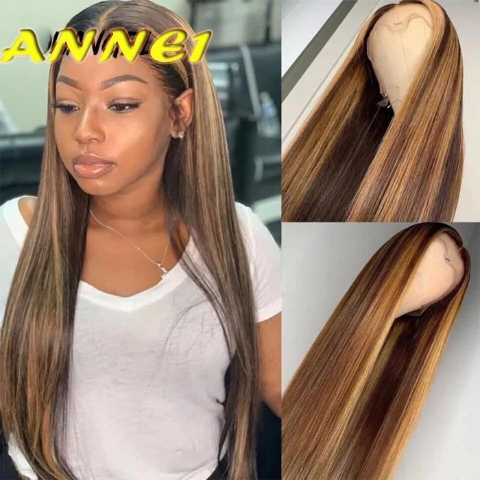 24 Pouces Perruque de Cheveux Humains Brun Miel Couleur Blonde dentelle Avant LISSE Cheveux Humains