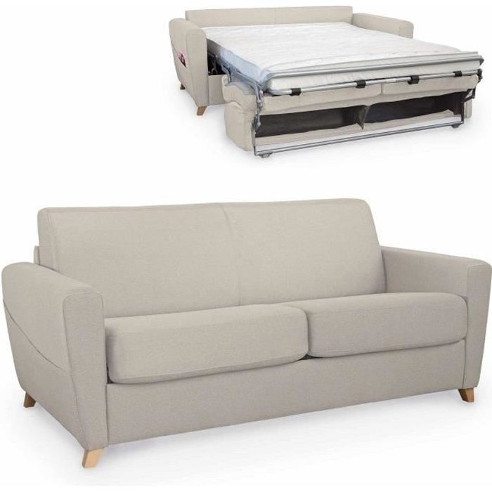 Canapé 3 places convertible scandinave en tissu beige ouverture express EDOUARD