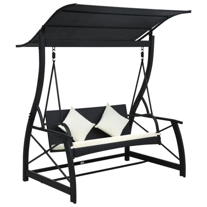 Balancelle de jardin confort Fauteuil Suspendu 2-3 Places - avec auvent Résine tressée Noir