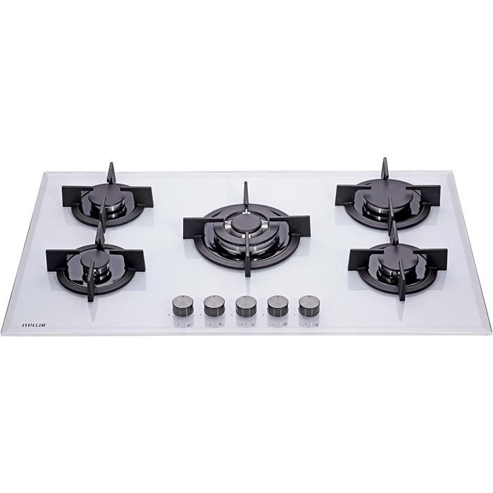 Millar GH9051PW Plaque de cuisson en Verre trempé avec 5 brûleurs à gaz Blanc 90 cm/Table de Cuisson