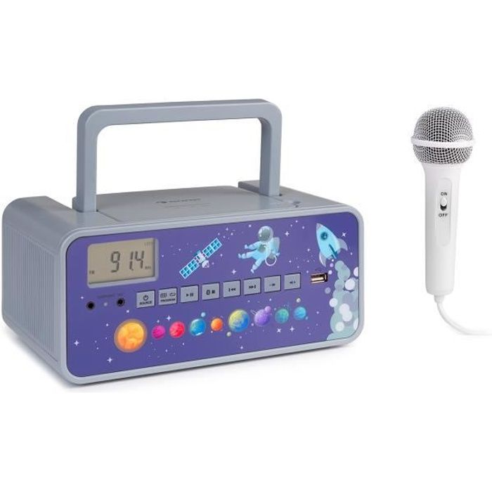 auna Kidsbox Space Boombox lecteur CD MP3 Bluetooth FM AUX écran LED - Gris
