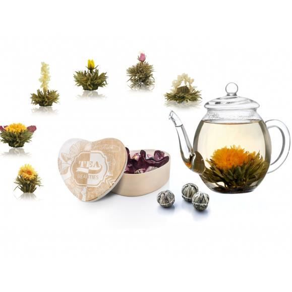 Set de 6 fleur de thé dans une boîte en bois en forme de coeur + théière de 500ml