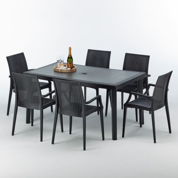 Table rectangulaire et 6 chaises Poly rotin colorées 150x90cm noir Enjoy, Chaises Modèle: Bistrot Arm Anthracite noir