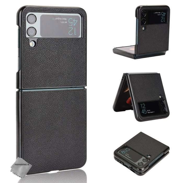 Coque rigide simili cuir avant et arrière pour Samsung Galaxy Z Flip 4 5G - NOIR