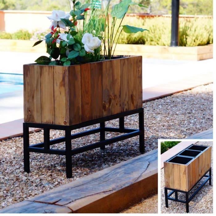 Cache Pots Bois - Dim: 66x24.5x49.5 avec 3 caches pots plastique 4L 18x18 TU Marron