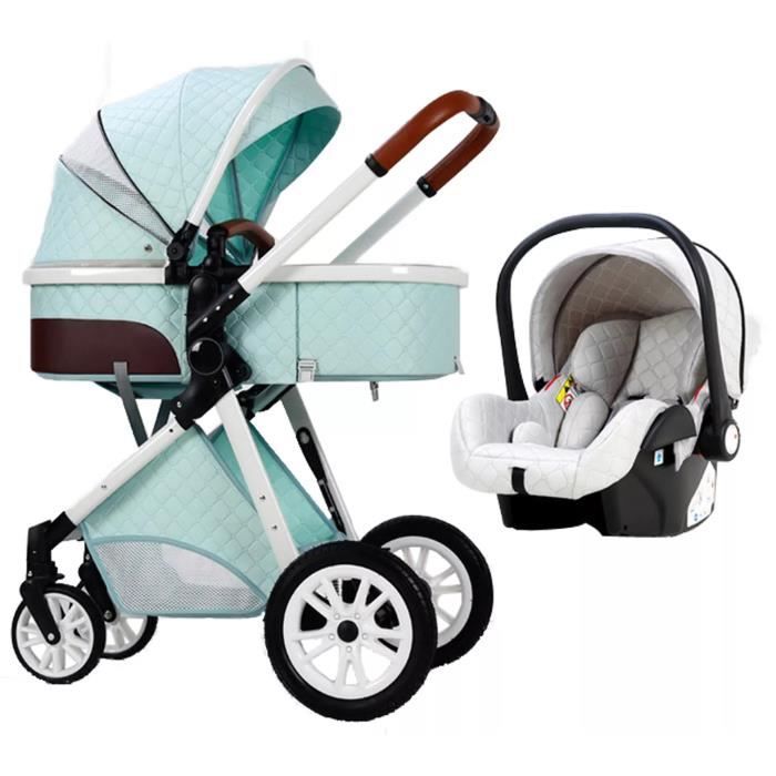 Poussette 3 en 1 Bébé Combinée Siège-Auto Nacelle Haute Trio Réversible Réglable Haute Qualité Roues increvables Canne Vert