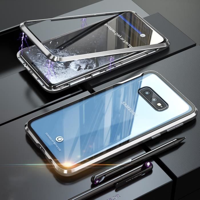 Samsung Galaxy S10E Coque,Luxury Absorption magnétique Pare-Chocs métal Antichoc étui arrière Temperouge Glass- argent