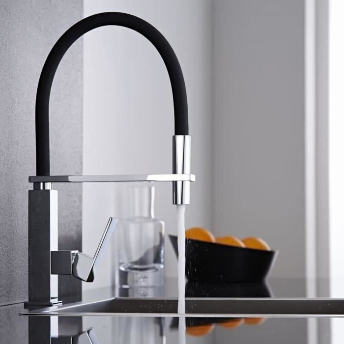 Robinet Cuisine Mitigeur Avec Douchette Pivotant 360 Degrés Chrome Et Noir Evier Laiton Qualité Professionnel