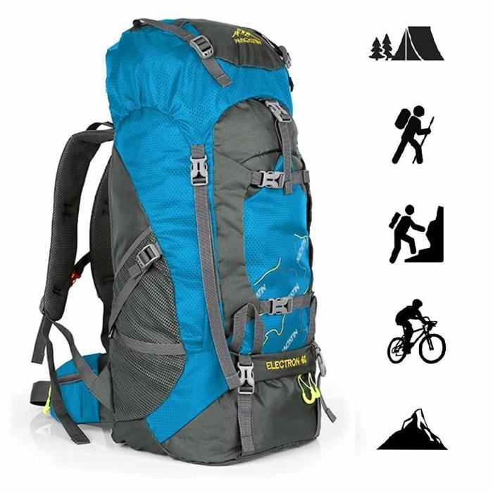 NACATIN Sac à dos de randonnée 60L, idéal pour le camping, le trekking, les voyages en plein air - Bleu