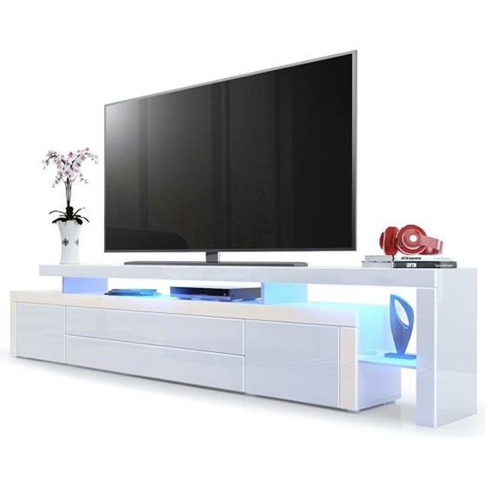 Meuble tv Crème / Blanc laqué 227 cm avec led