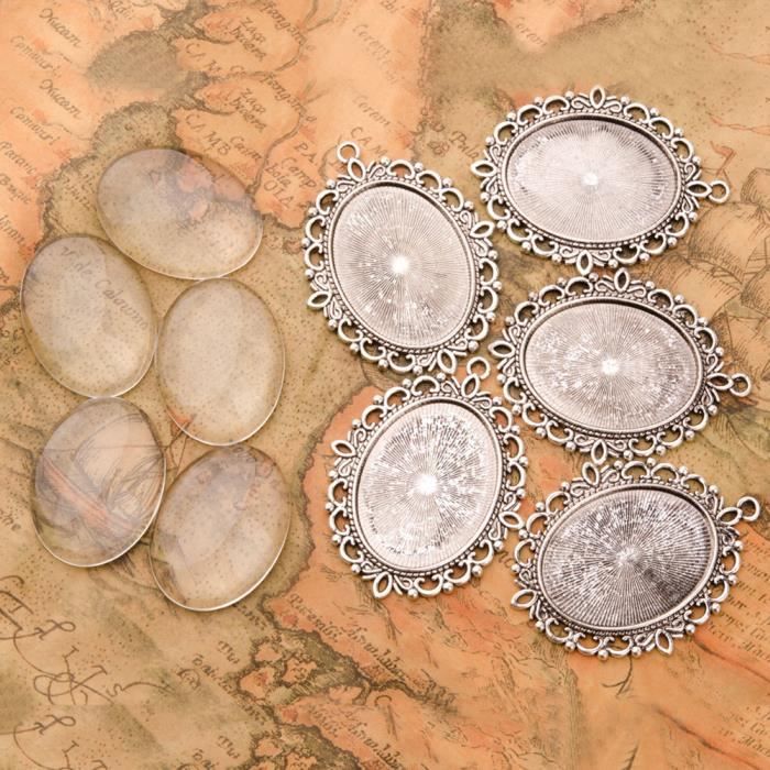 PandaHall-Lot de 5 pcs Cabochon en verre et Supports Cabochon Pendentif en alliage, ovale, sans cadmium et sans plomb