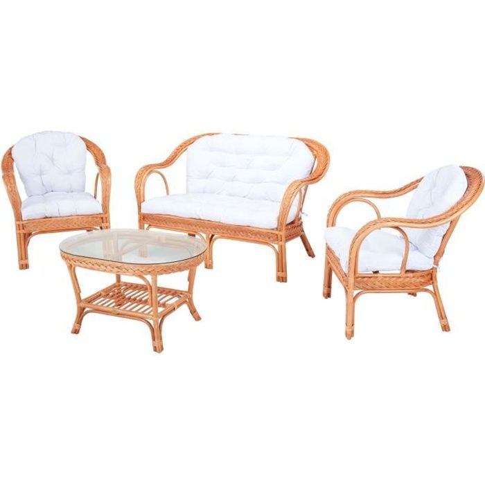 Salon d'intérieur EDELWEIS en rotin orangé et coussin blanc - Rotin Design