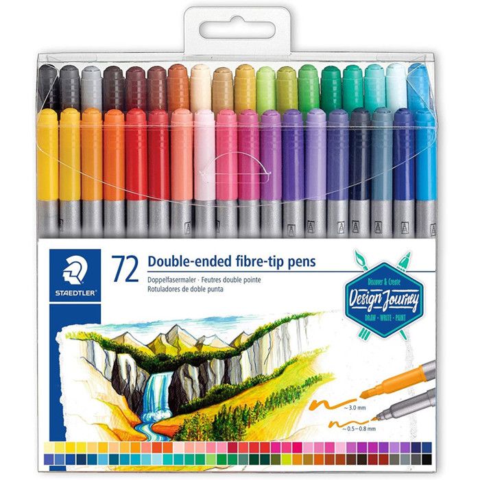 STAEDTLER® 3200 Design Journey - Set 72 feutres de coloriage double pointe 3,0 mm et 0,5 - 0,8 mm assortis