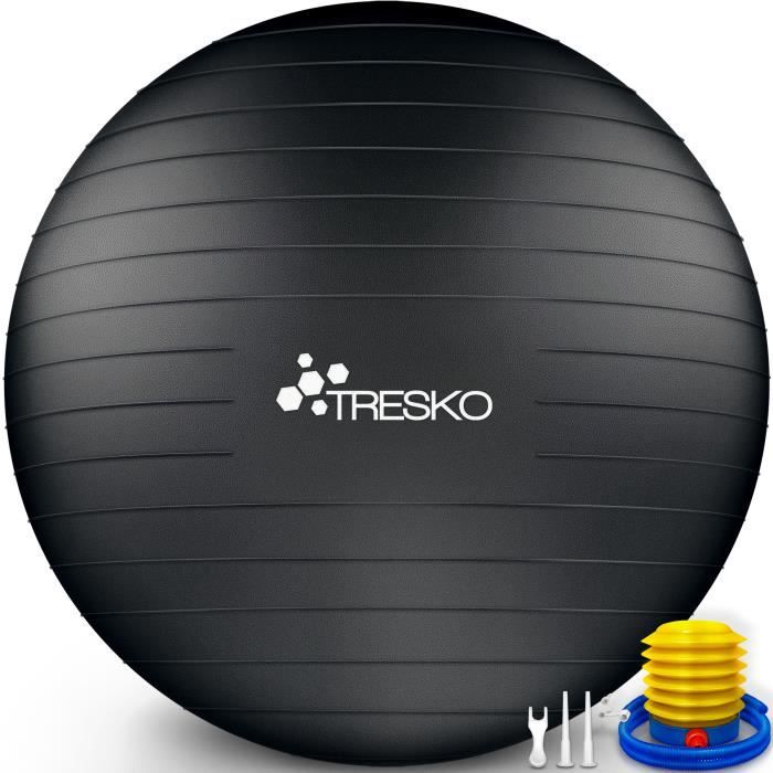 TRESKO Ballon Fitness Yoga Balle d’Exercice Antidérapant Balle Gymnastique avec Pompe 300 kg | avec pompe à air | Noir | 55cm
