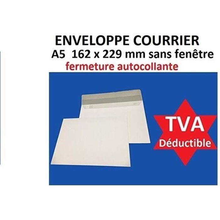 lot de 50 enveloppe courrier A5 - C5 papier velin blanc 90g format 162 x 229 mm une enveloppe blanche avec fermeture bande adhésive