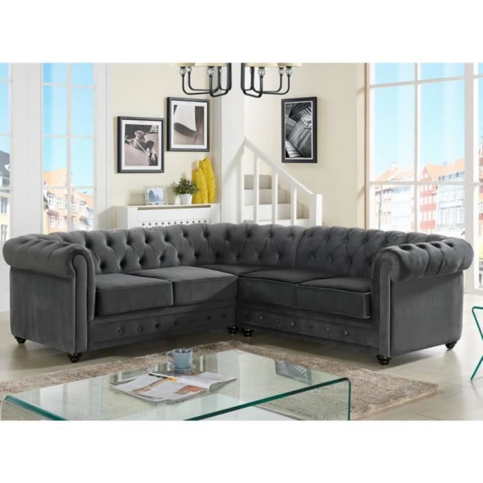 Canapé d'angle Bleu Velours Chesterfield Confort
