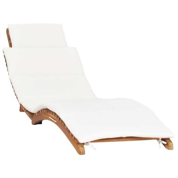 Chaise longue pliable avec coussin blanc crème Bois de teck HB021