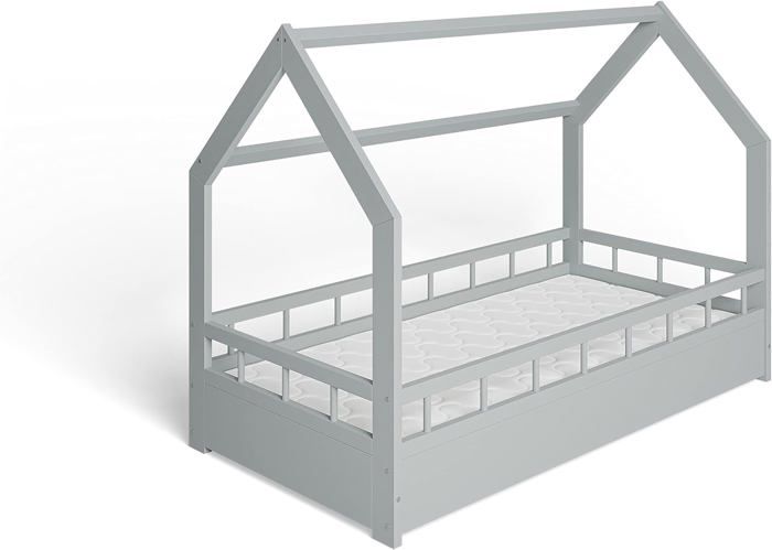 MS FACTORY Lit Enfant Bébé avec un Matelas Maison 80x160 cm - Lit en Massif Cabane - Style Scandinave - Gris Barrières