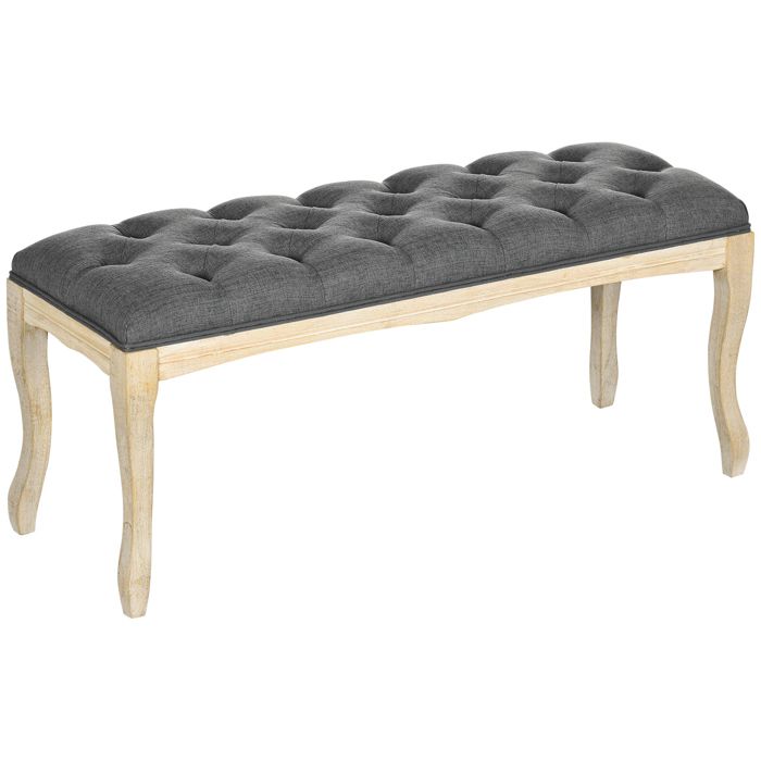 Banc Banquette HOMCOM capitonnée Style Classique 110 cm Bout de lit Rembourrée en lin piètement Bois hévéa sculpté Lin Gris