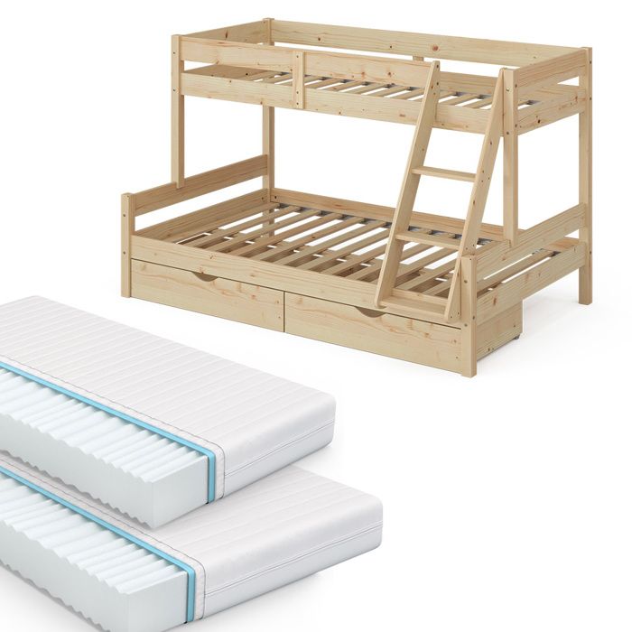 Lit superposé Everest 120x200 / 80x200 cm avec 2 matelas et 2 tiroirs Naturel bois Vitalispa 39563 Lit superposé Everest 120x200 / 80x200 cm avec 2 matelas et 2 tiroirs Naturel bois Vitalispa 39563