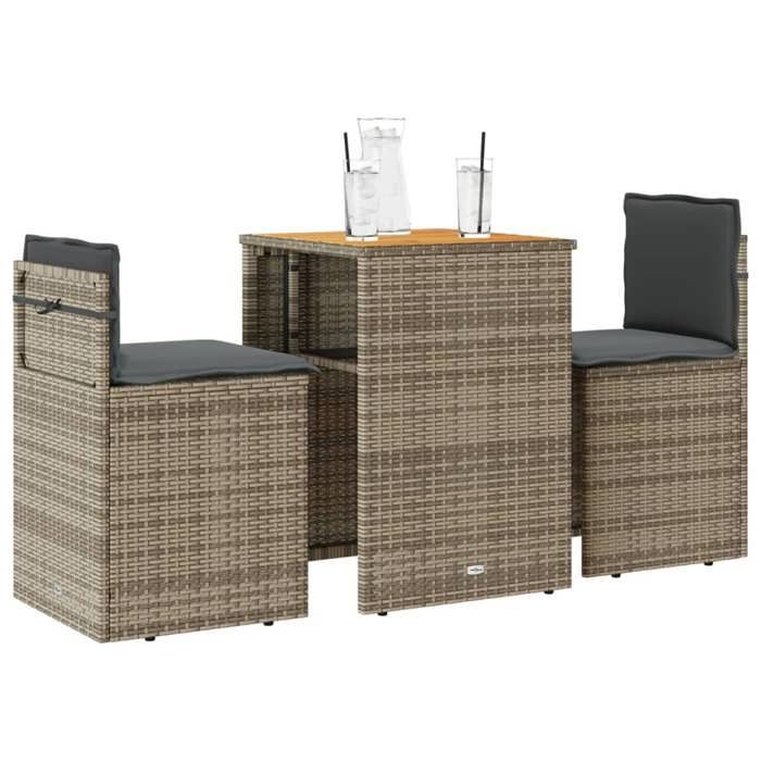 vidaXL Ensemble de bistro 3 pcs avec coussins gris résine tressée ensemble de bistro de jardin ensemble de balcon 4003876
