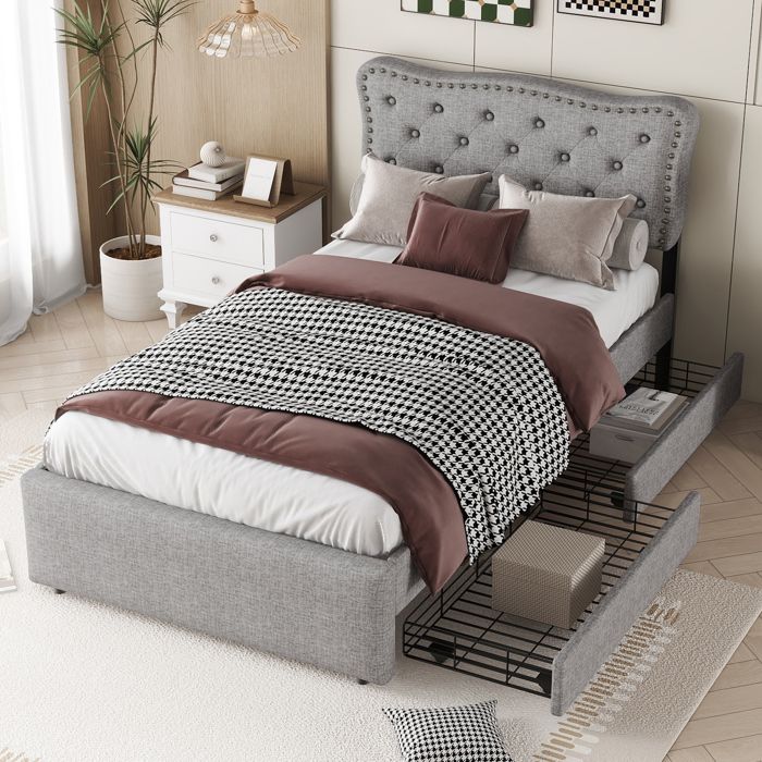 Lit simple - SEA WALL - Chesterfield - 90x200 cm - 2 tiroirs - Tête de lit réglable lin gris