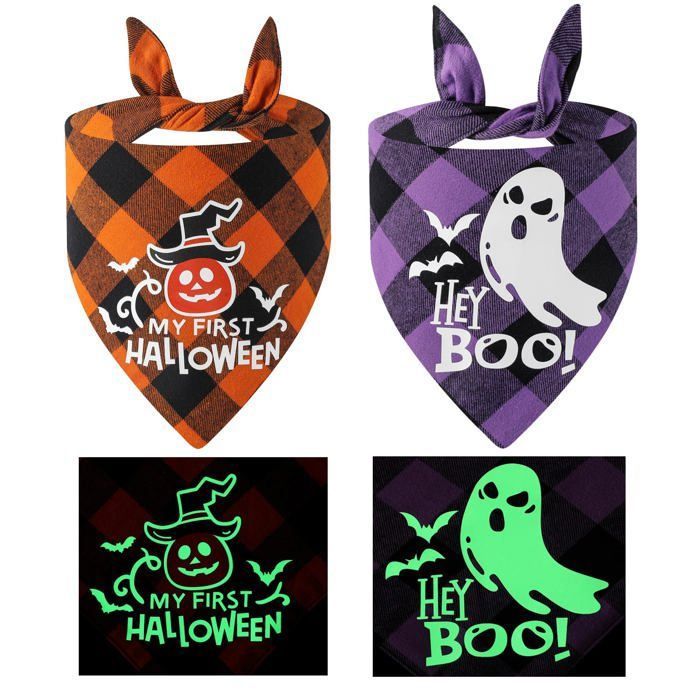Bandanas pour chien dHalloween lot de 2 en coton réversible lumineux imprimé citrouille chauve-souris bandana