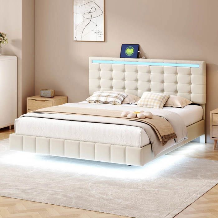 Lit capitonné - SOMUBI - Lit capitonné 160×200 cm - Tissu lin beige - LED 16 couleurs - Ports USB/Type-C