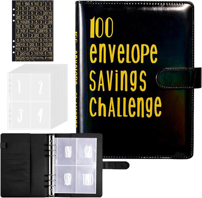 Classeur Économie Argent A5 - Défi 100 Enveloppes - Planificateur Budget - Cuir PU - Or Noir
