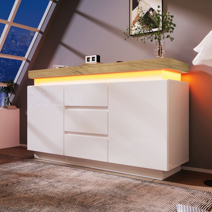 Commode buffet brillant avec 2 portes et 3 tiroirs éclairage LED (APP Control) armoire multifonction pour le salon et la chambr
