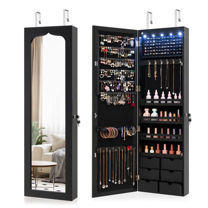 Armoire à Bijoux 2 en 1 COSTWAY avec 5 Lumières LED et Miroir Rangement pour Boucles dOreiller Bracelets Montage sur Mur ou Porte