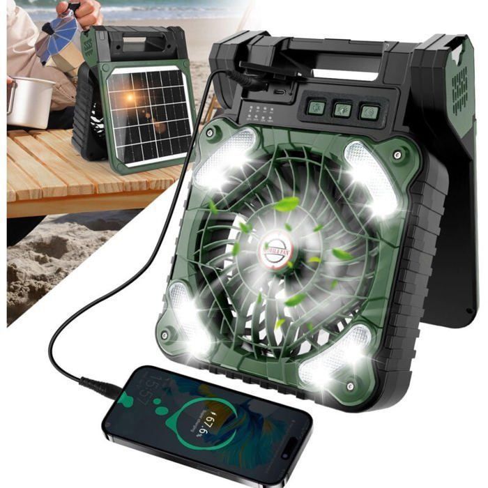 Ventilateur Solaire Rechargeable 5200 mAh Minuterie et 4 Vitesses Idal pour Camping - Handeiu