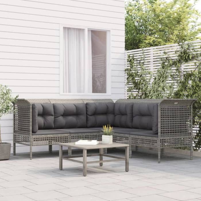 (Gris)Salon de jardin 5 pcs - Salon De Jardin Extérieur - avec coussins Gris Résine tressée 879485