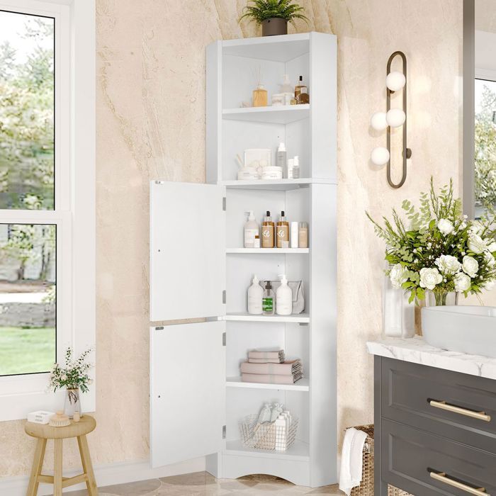 Meuble colonne de salle de bain Armoire salle de bain Triangulaire 2 compartiments 2 portes Blanc Meuble colonne de salle de bain Armoire salle de bain Triangulaire 2 compartiments 2 portes Blanc