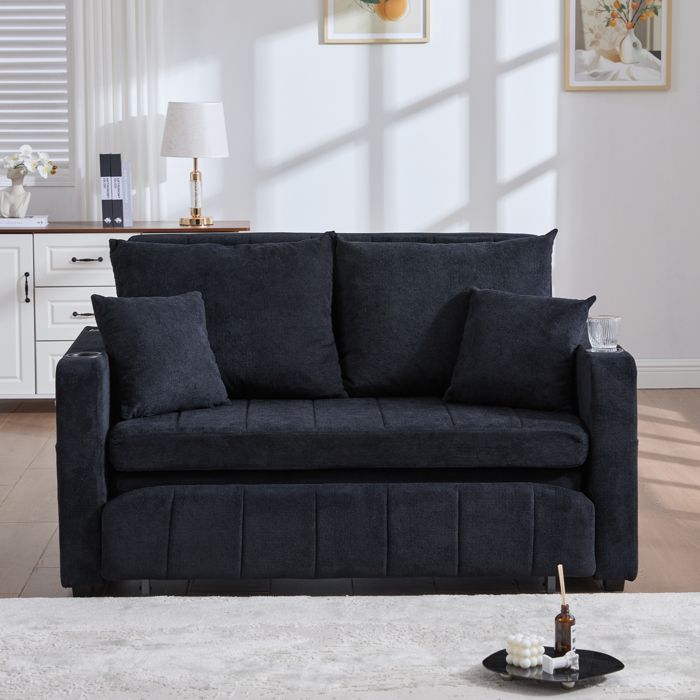 Canapé rembourré 2 places avec USB porte-gobelet et range-couverture canapé 2 places convertible en Lit tissu chenille noir