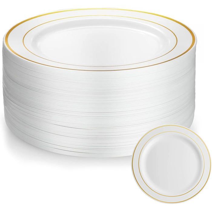 50 Pièces Assiette 20cm Assiette Plastique Reutilisable Avec Bordure Dorée Assiettes en Plastique Blanc Assiettes pour Mariages