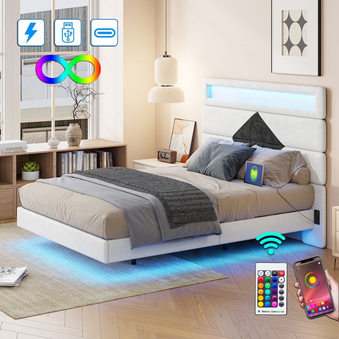Lit Double 160x200 Avec Rangement Hydraulique Et LEDs - Tête De Lit Velours - Ports USB/Type-C - Sans Matelas - Beige