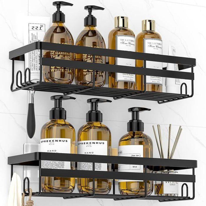 Support de salle de bain 2 pièces support de douche meuble de rangement de douche avec crochets (noir)