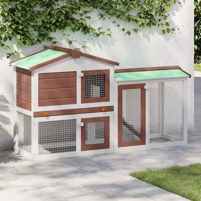 Clapier dextérieur en bois - vidaXL - 145x45x84 cm - Brun et blanc - Bois de sapin - Toit en asphalte