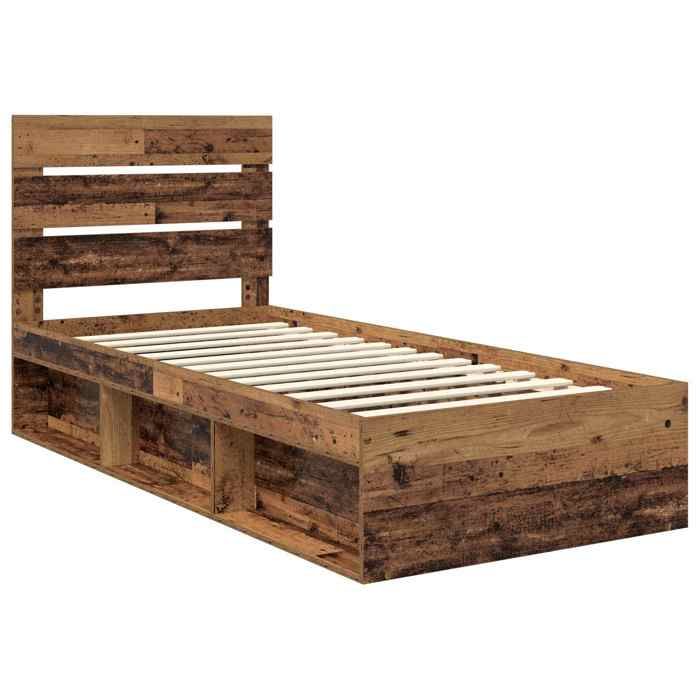 Structure de lit en bois - UU - Pin massif - 90x200 cm - Bois ancien - Cadre à lattes - 206x93x100 cm
