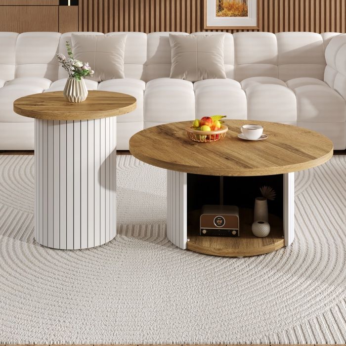 Table Basse Ronde Dw Table Basse - Ronde - Lot de 2 - Style Nordique - MDF Blanc+Bois ...