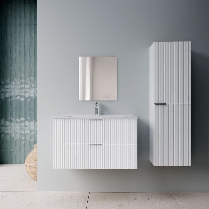 Pack Meuble salle de bain 60cm et Colonne de rangement - Façades Blanches Ondulées - MILO