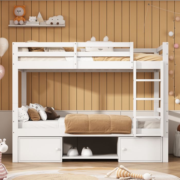 Lit 90x200 cm lit enfant lit superposé avec étagère à chaussures et armoire de rangement démontable lit adolescent blanc