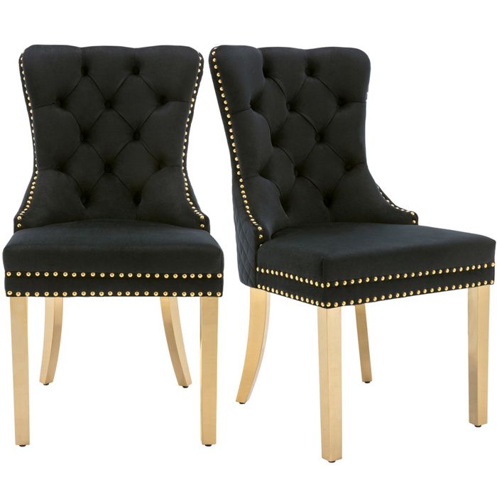 Chaise salle à manger lot de 2 velours noir pieds métal doré réglables 51×655×95 cm