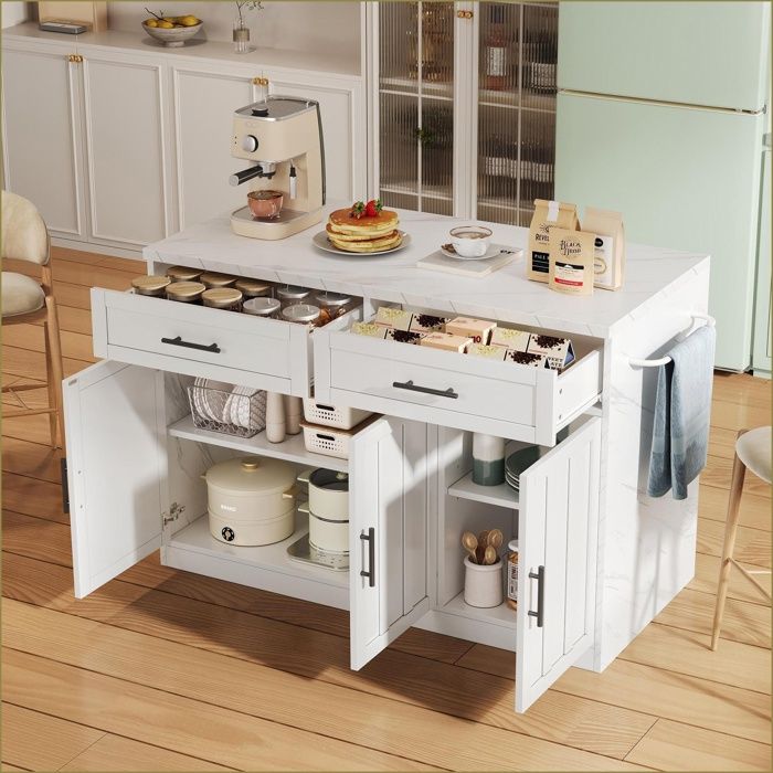 Île de cuisine - Barhockerzone + Steckdosen USB + étagères ajustables - Blanc