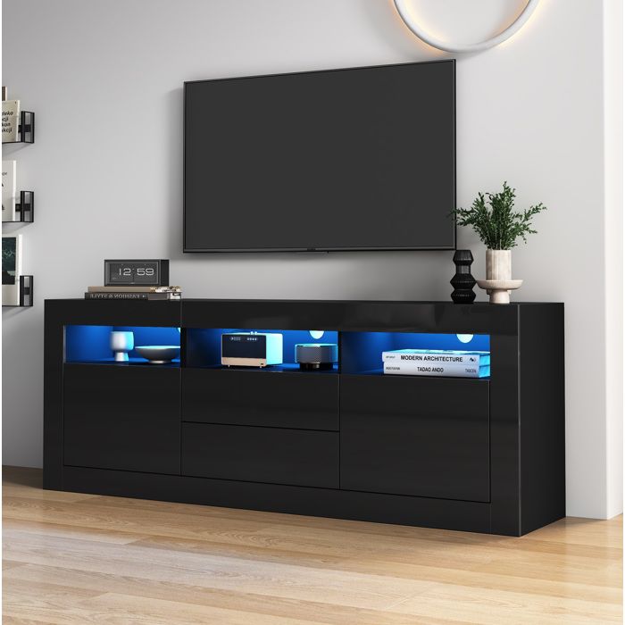 Meuble TV LED 160×35×60 cm - Buffet - avec rangement. 2 tiroirs. salon chambre. noir